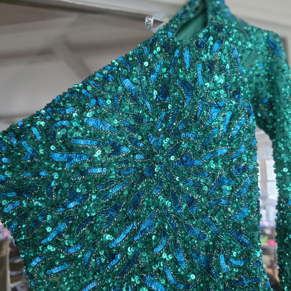 Rachel Allan Teal Sequin Beaded Homecoming Formal Fringe Prom Shoulder Dress 0 - Picture 4 of 9